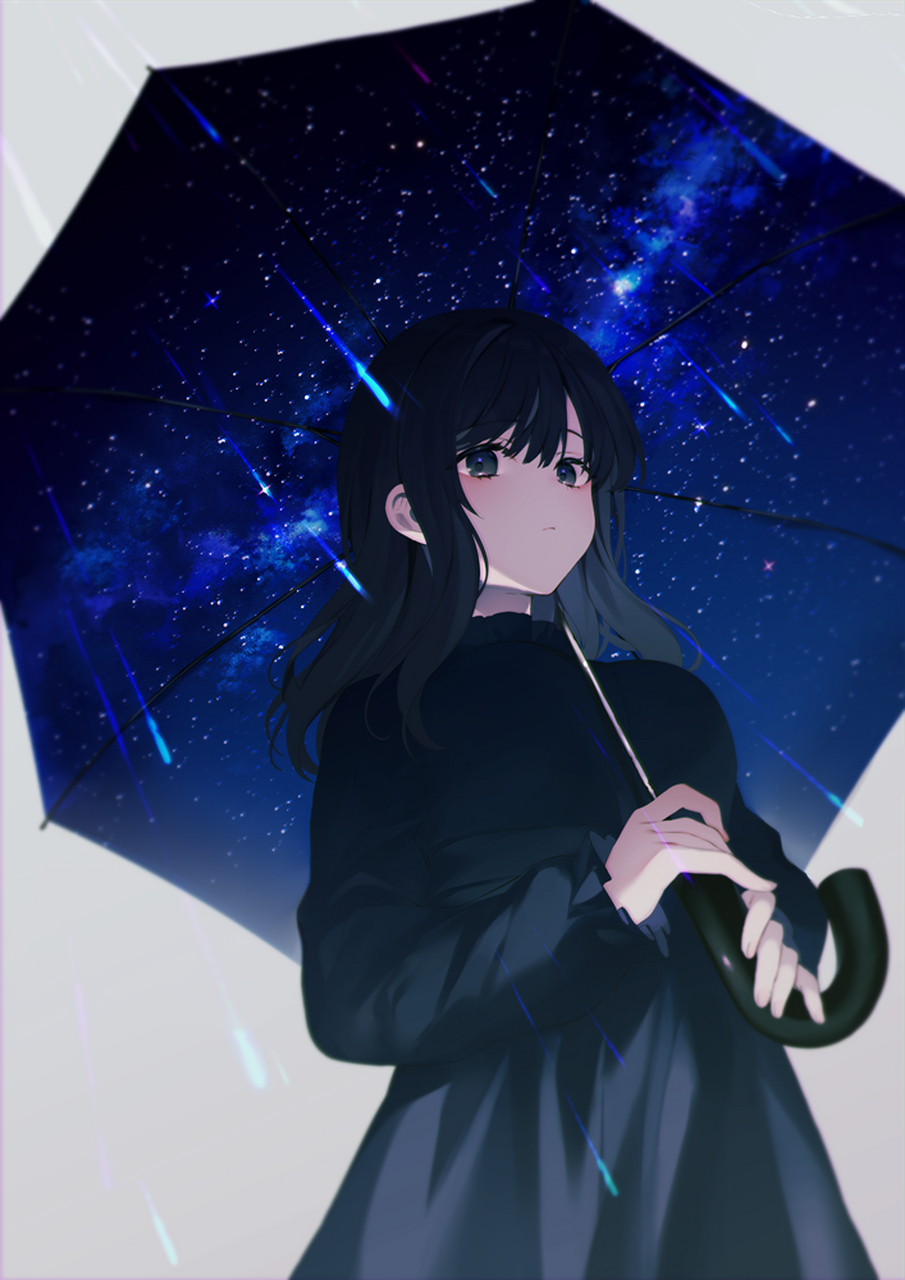 二次元美图#  华盖蕴星海,陨芒入冷颜. 打伞的黑发女孩 画师:aちき