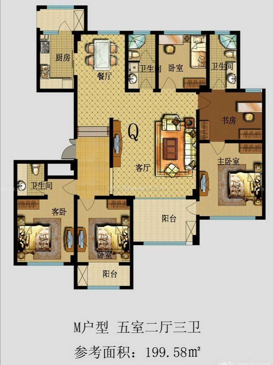 200平米的大平层,拥有五室两厅三卫,却是一个这样的户型,不理想,不