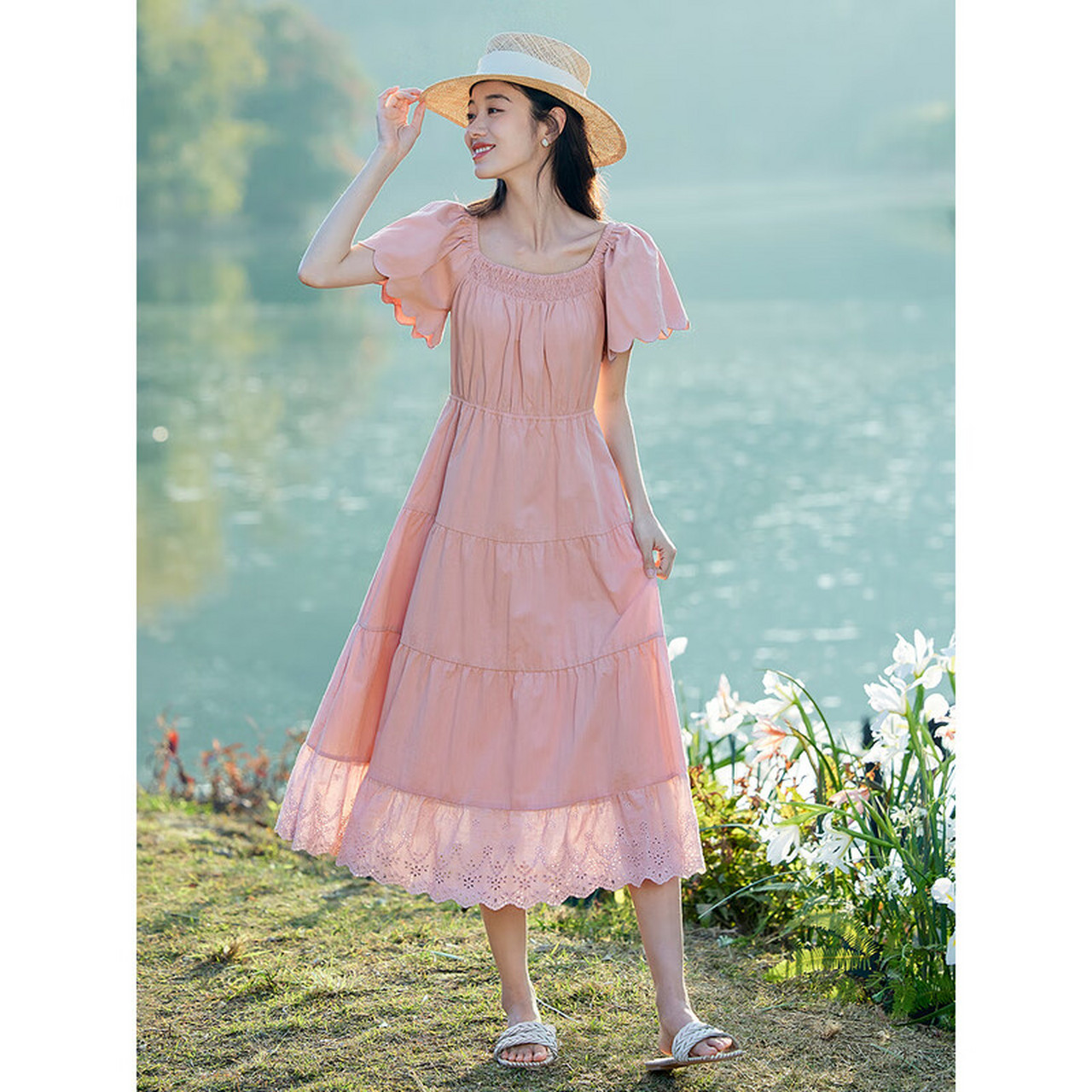 茵曼(inman)波浪边袖连衣裙2023夏女装新款松紧腰大a摆蛋糕公主裙子