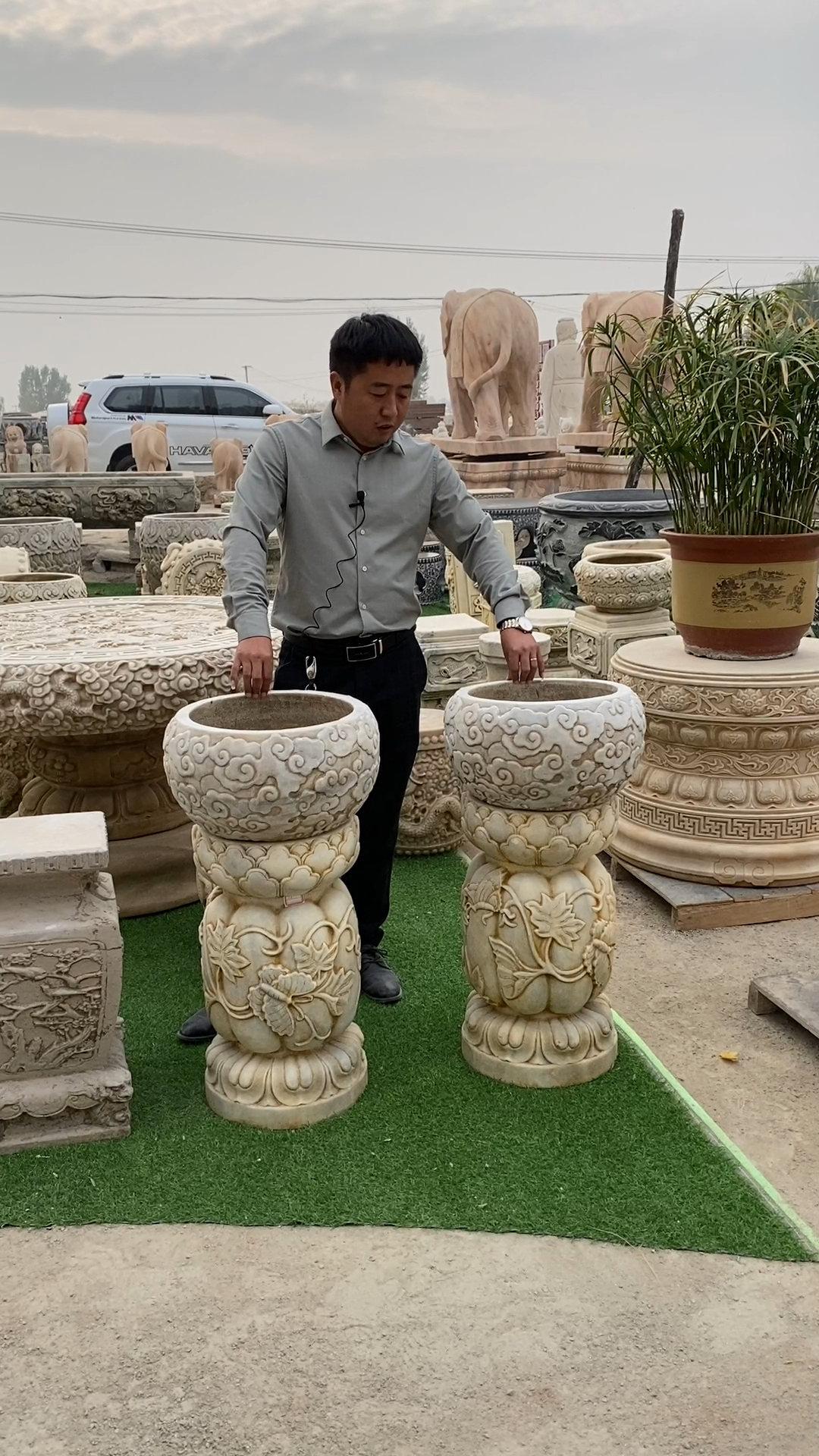 石雕花架汉白玉仿古做旧花盆花架石头-度小视