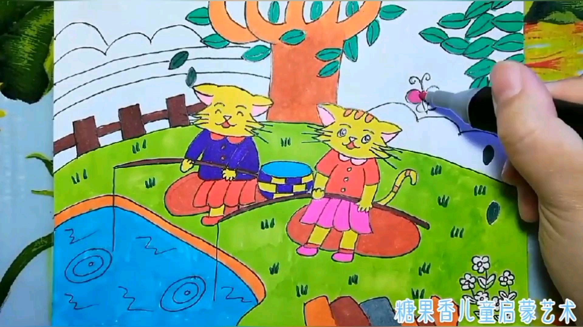 创意儿童画小猫钓鱼简笔画漫画卡通动漫宝宝学画画绘画亲子育儿