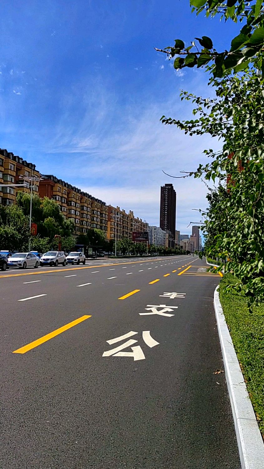 黑龙江避暑胜地佳木斯,长安路东段街景,蓝天白云景色优美如画