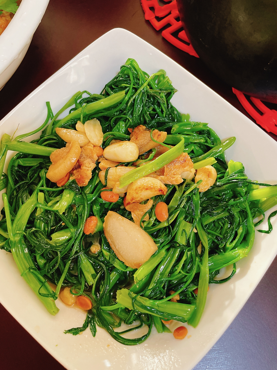 潮汕家常菜 豆酱炒空心菜 鹌鹑蛋41大骨 半煎煮迪仔鱼 车白冬瓜汤