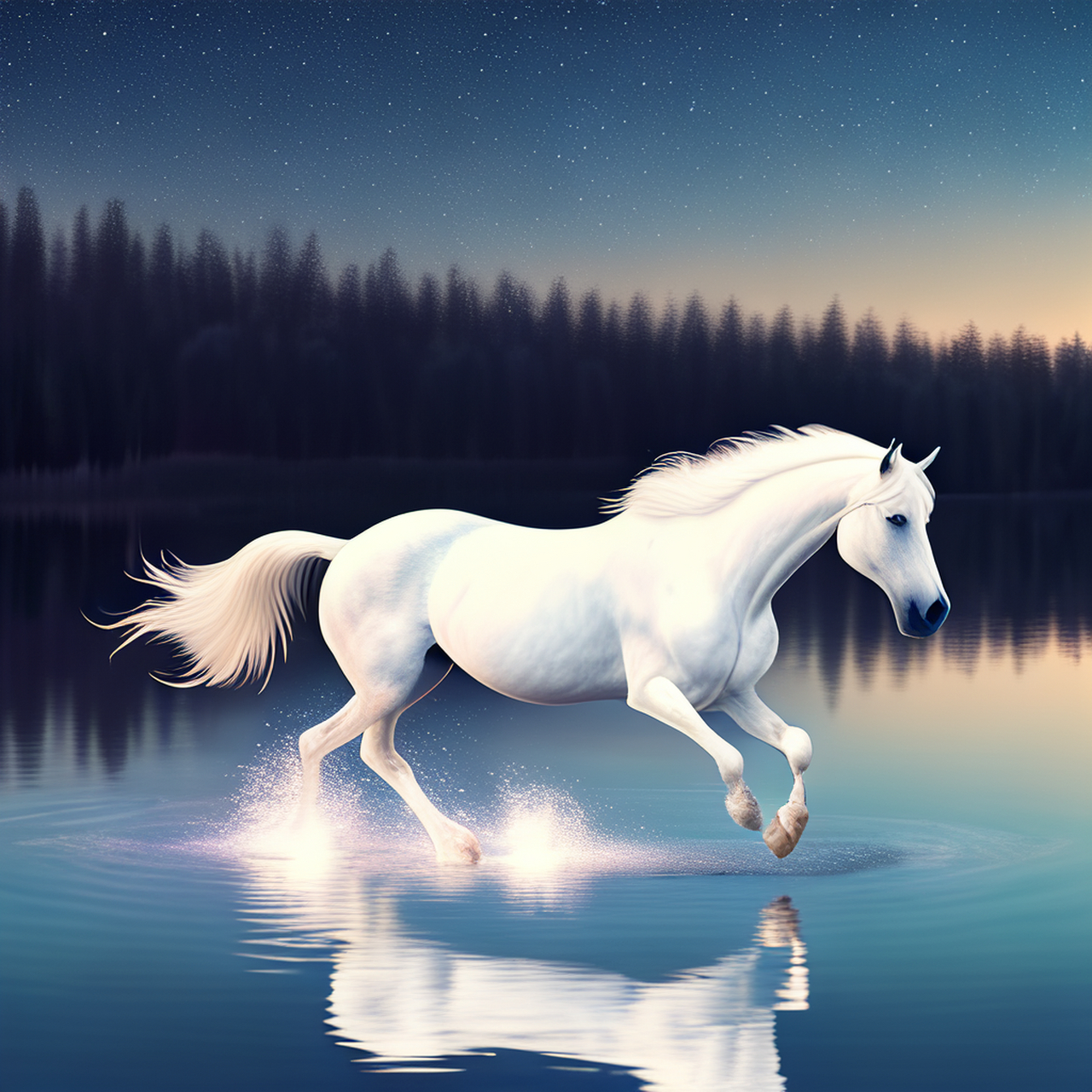 明朗的月夜,一匹白马在水平如镜的湖面上停留或奔跑,营造出一种超现实