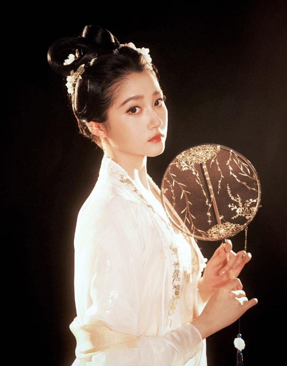 关晓彤身穿古装,手拿刺绣团扇,盘发尽显古典韵味,好一个清冷高贵的
