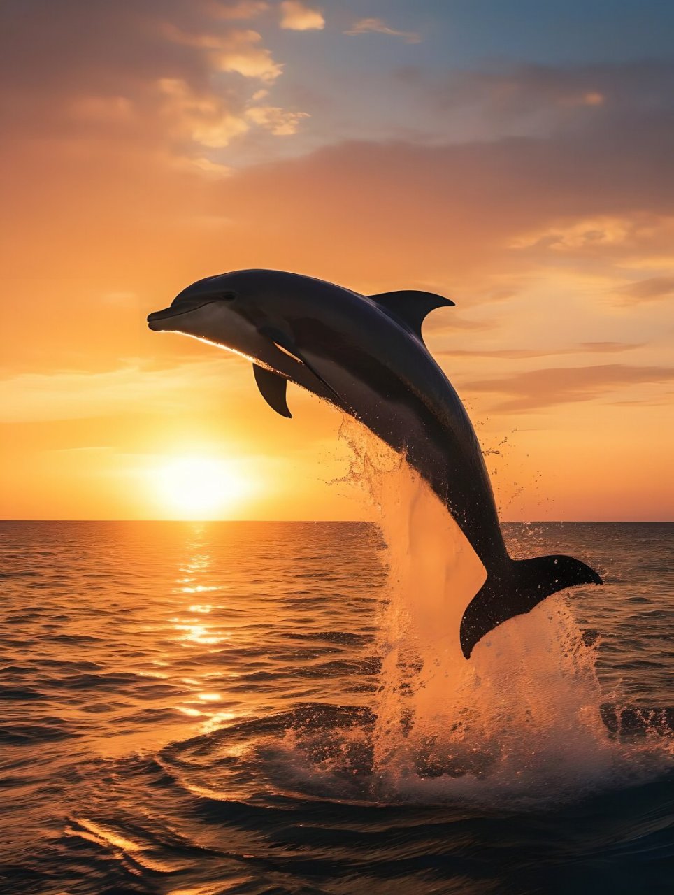绘画素材——夕阳海豚  海豚优雅跳跃的姿态,阳光照射在湿润皮肤上