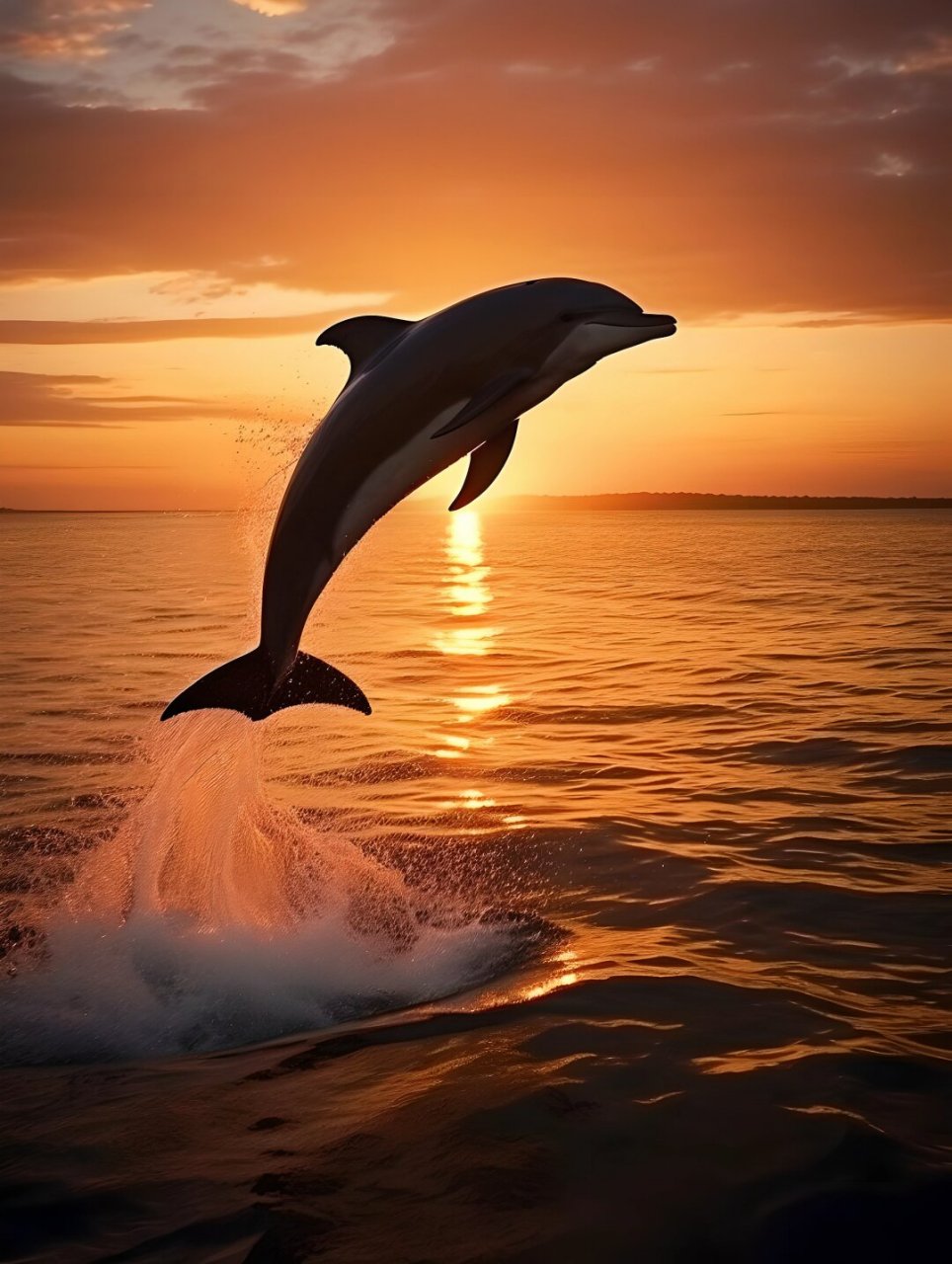 绘画素材——夕阳海豚  海豚优雅跳跃的姿态,阳光照射在湿润皮肤上