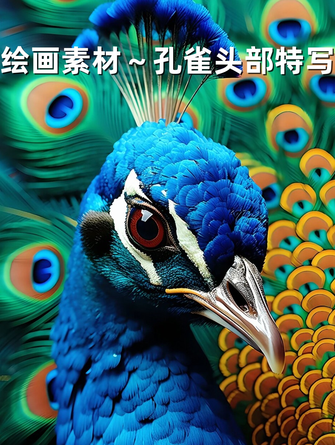 你可以专注于刻画孔雀头部复杂而精细的羽毛纹理,展现其蓝色,绿色和