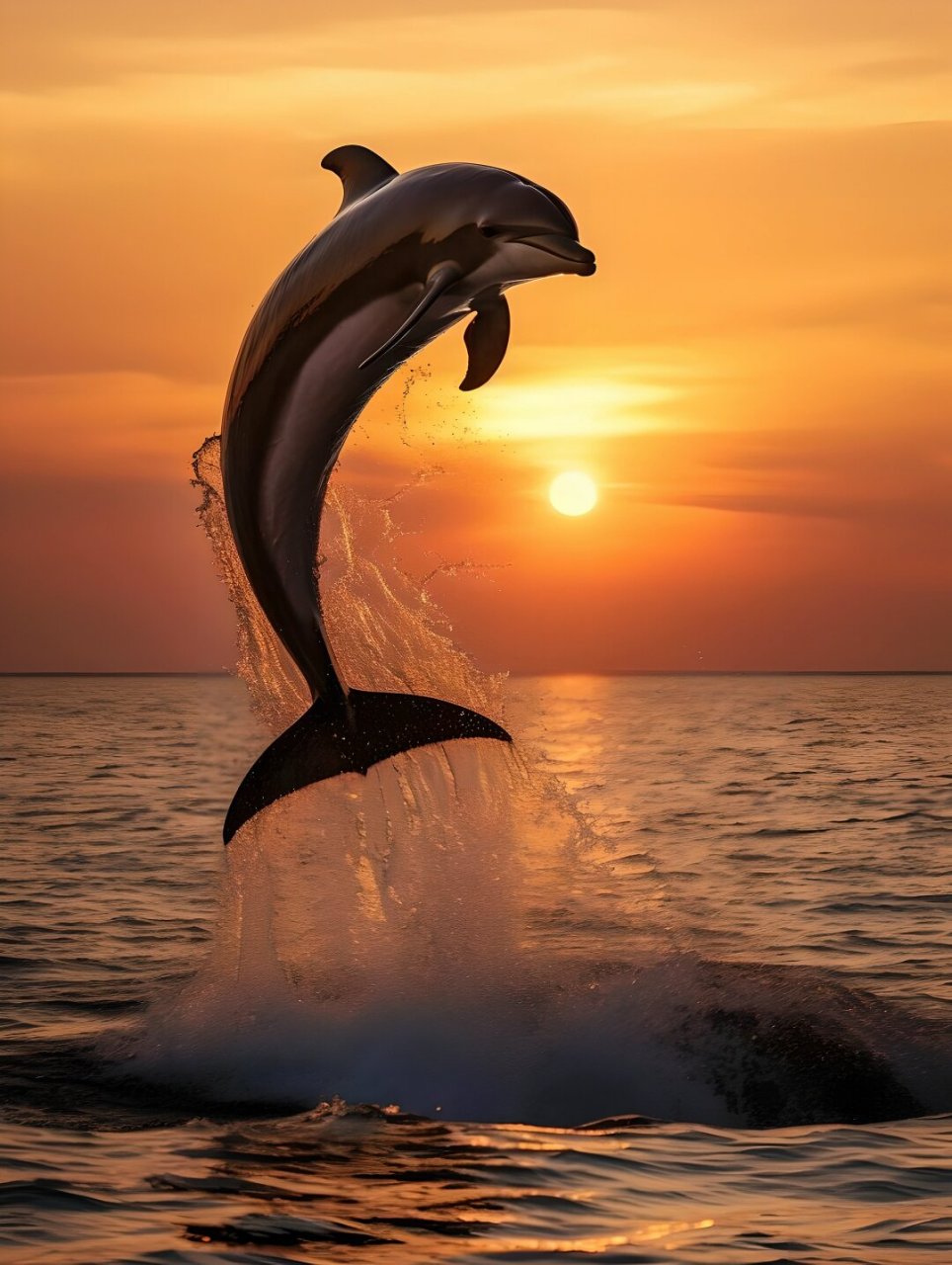 绘画素材——夕阳海豚  海豚优雅跳跃的姿态,阳光照射在湿润皮肤上