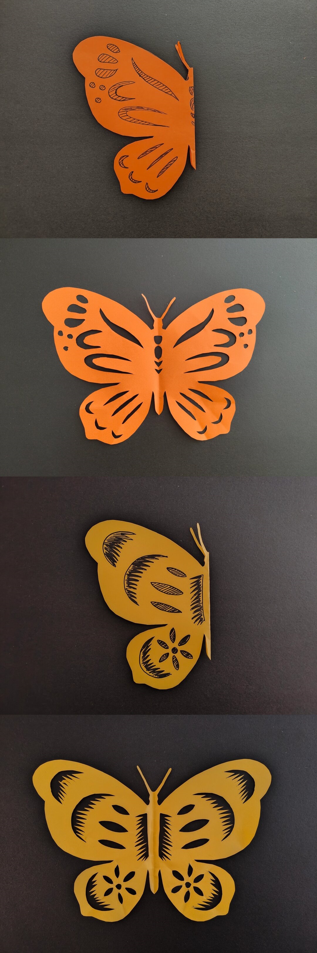 制作蝴蝶的步骤:  取两张彩色纸,对折后画出蝴蝶轮廓