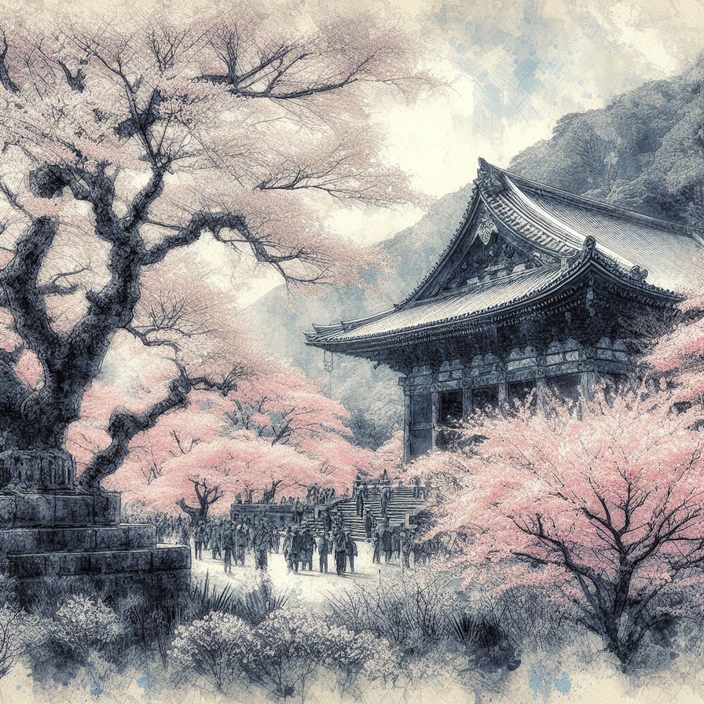 水墨画中的古老庙宇