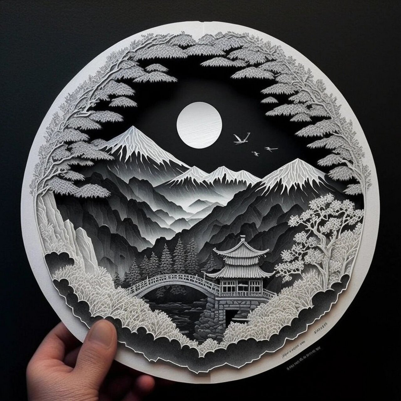 中式剪纸艺术,月亮与山水  大家好!