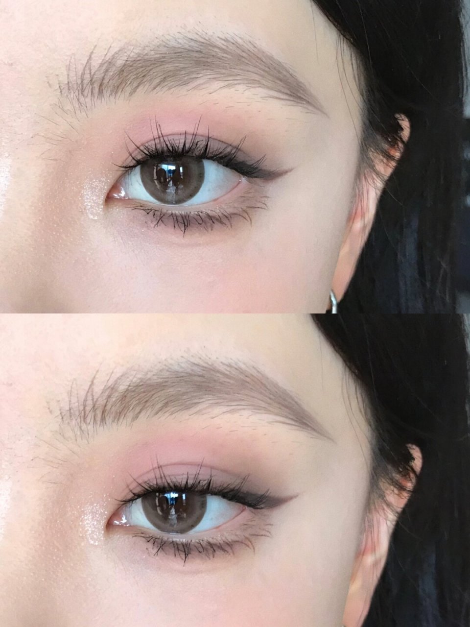 近期频繁看到的一款清新柔和的烟熏妆容,  感觉它的画法与粉灰色环圹