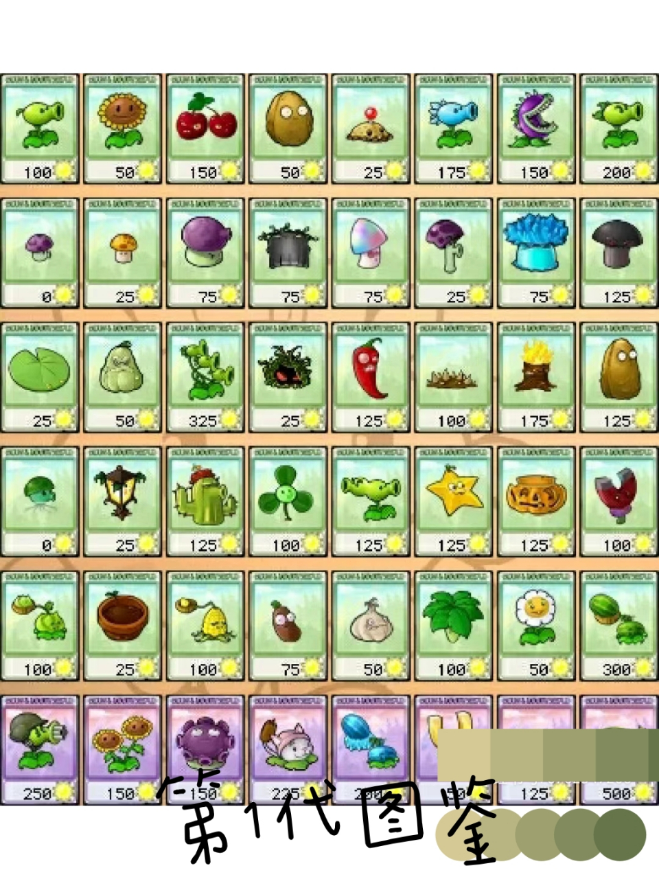 第1代图鉴 这是第1代的植物大战僵尸图鉴,也许缺了一个变身茄子,各位