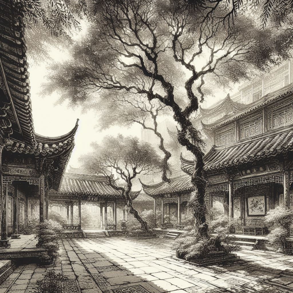 "岁月静好,水墨画中的古老庭院"
