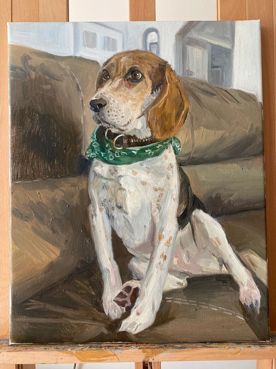 油画,狗狗  这幅宠物油画中的狗狗形象栩栩如生,毛发细腻且色彩丰富