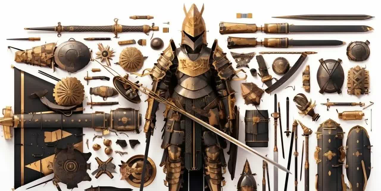 一组由人工智能生成的古代士兵插图,身穿盔甲,手持长矛,其中有马其顿