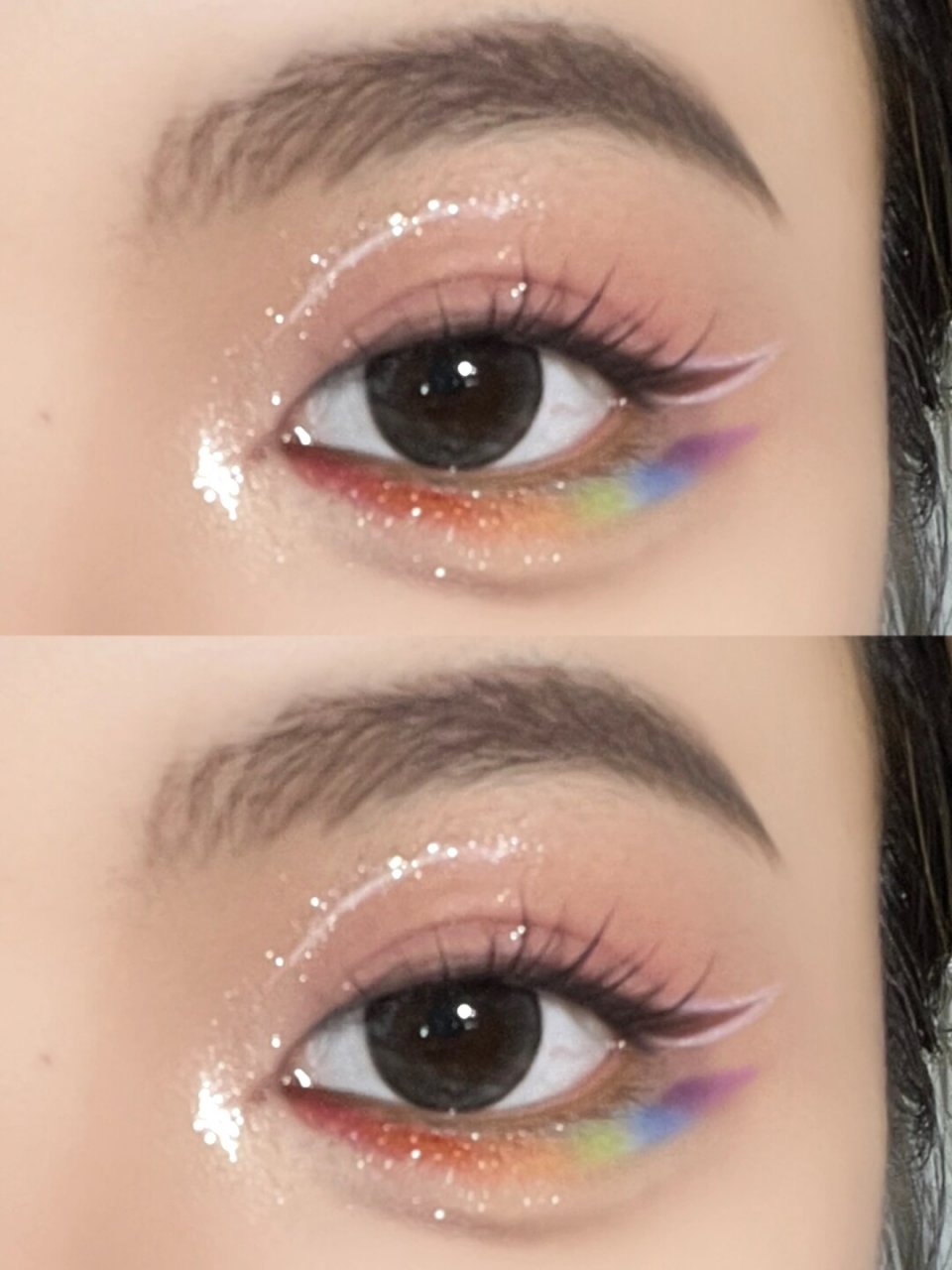 下至把彩色都堆在眼睛上  看到喜欢的博主在音乐节上展示了彩虹眼妆