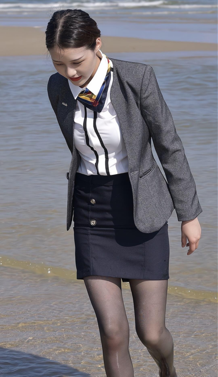 冬天到了,不能下海里游玩了,只能穿着丝袜在岸边玩水,好开心#保暖方式