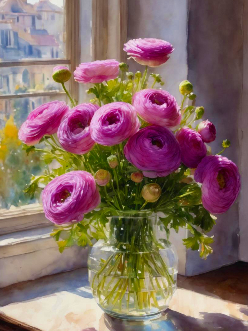 阳台上的洋牡丹花朵,水彩风格