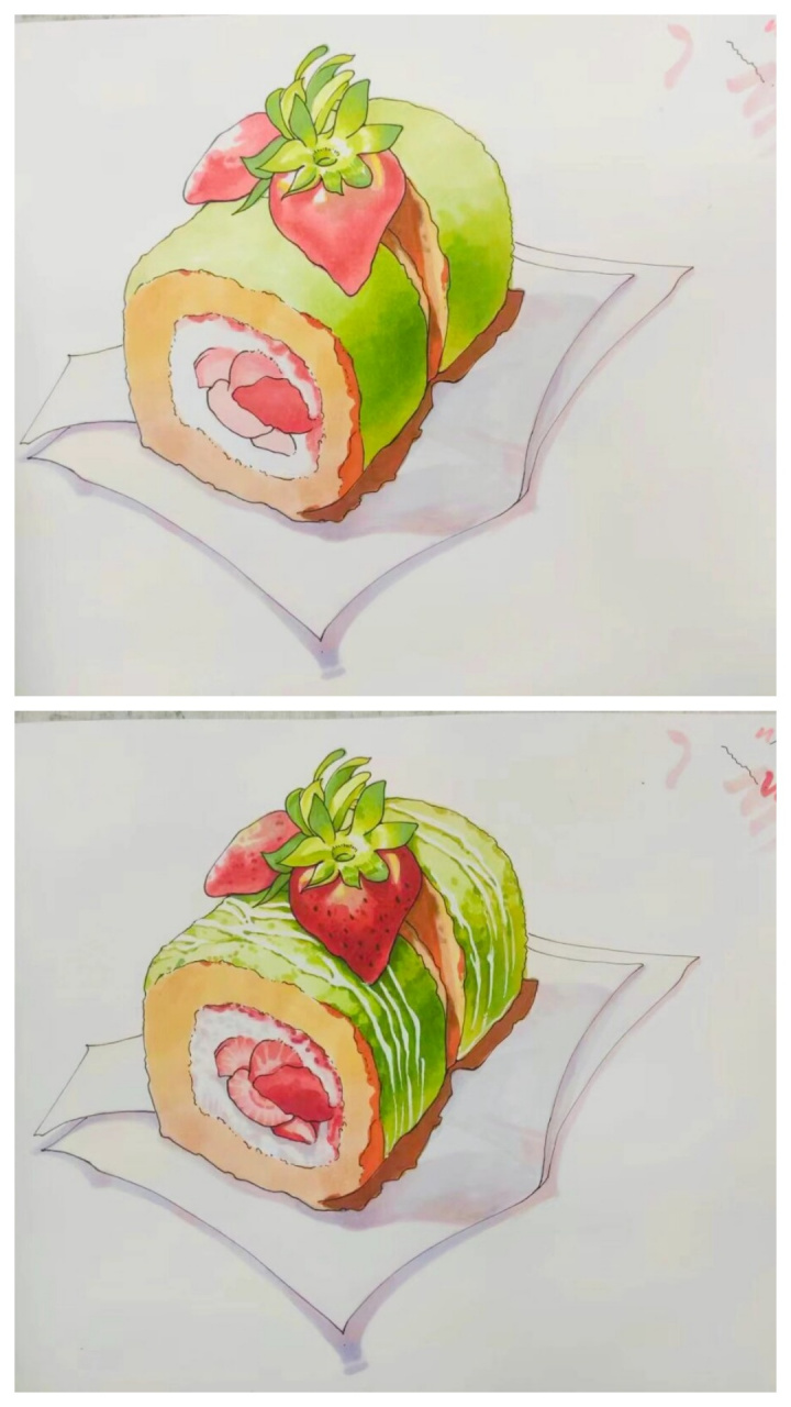 马克笔手绘|教你画一口抹茶草莓清爽小蛋糕  食物作为常见的创作题材