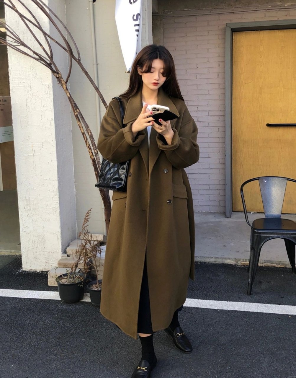 欧尼气质的烟草棕大衣 全澳毛的手工大衣 沉甸甸一件 廓形 双排扣 很