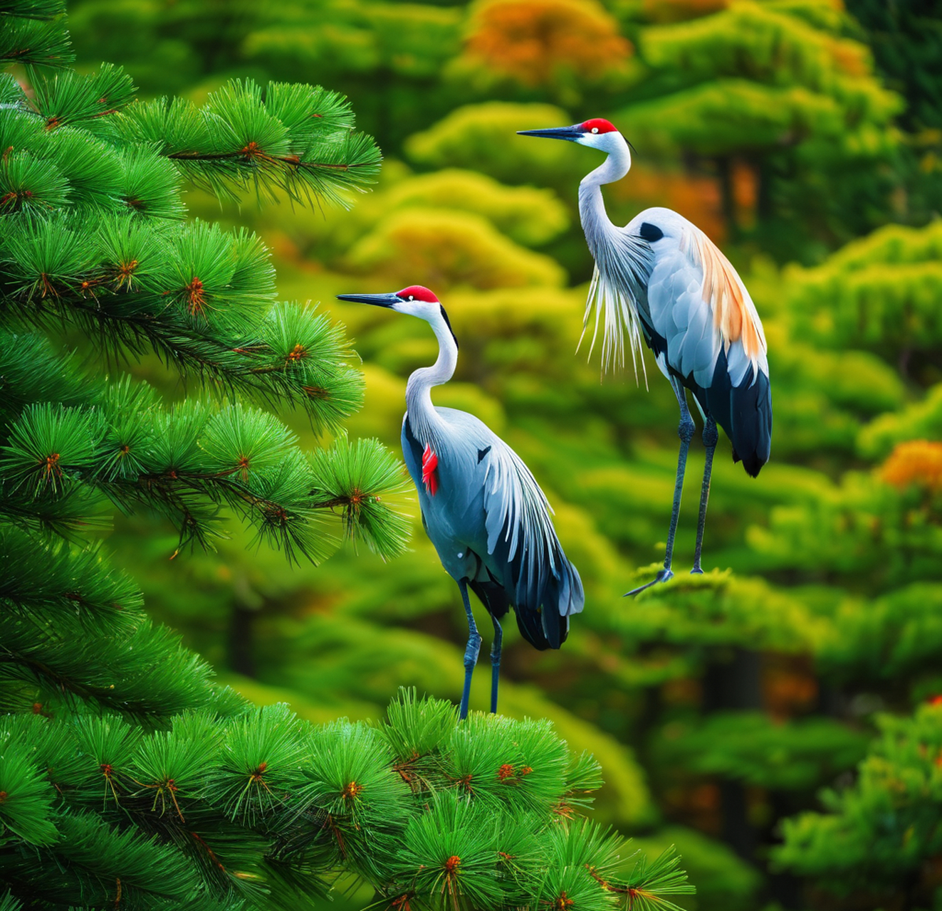 在寒冷的冬季,松树为仙鹤提供了一个温暖的栖息之地,而仙鹤则用四那