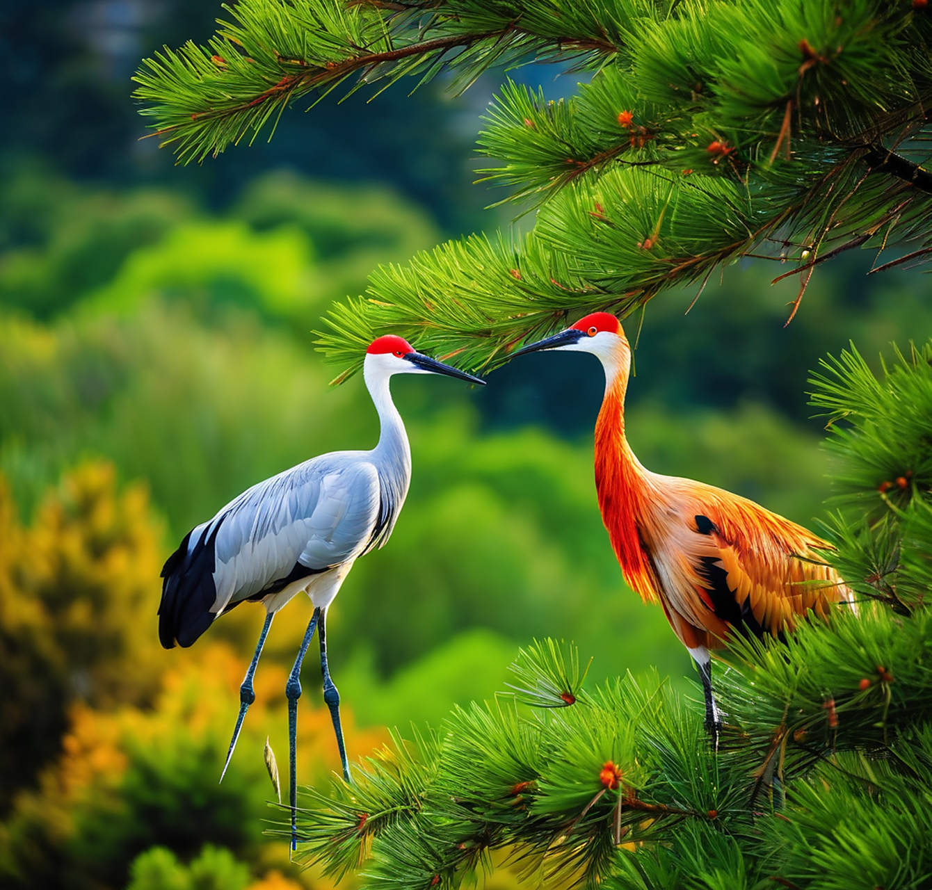 在寒冷的冬季,松树为仙鹤提供了一个温暖的栖息之地,而仙鹤则用四那