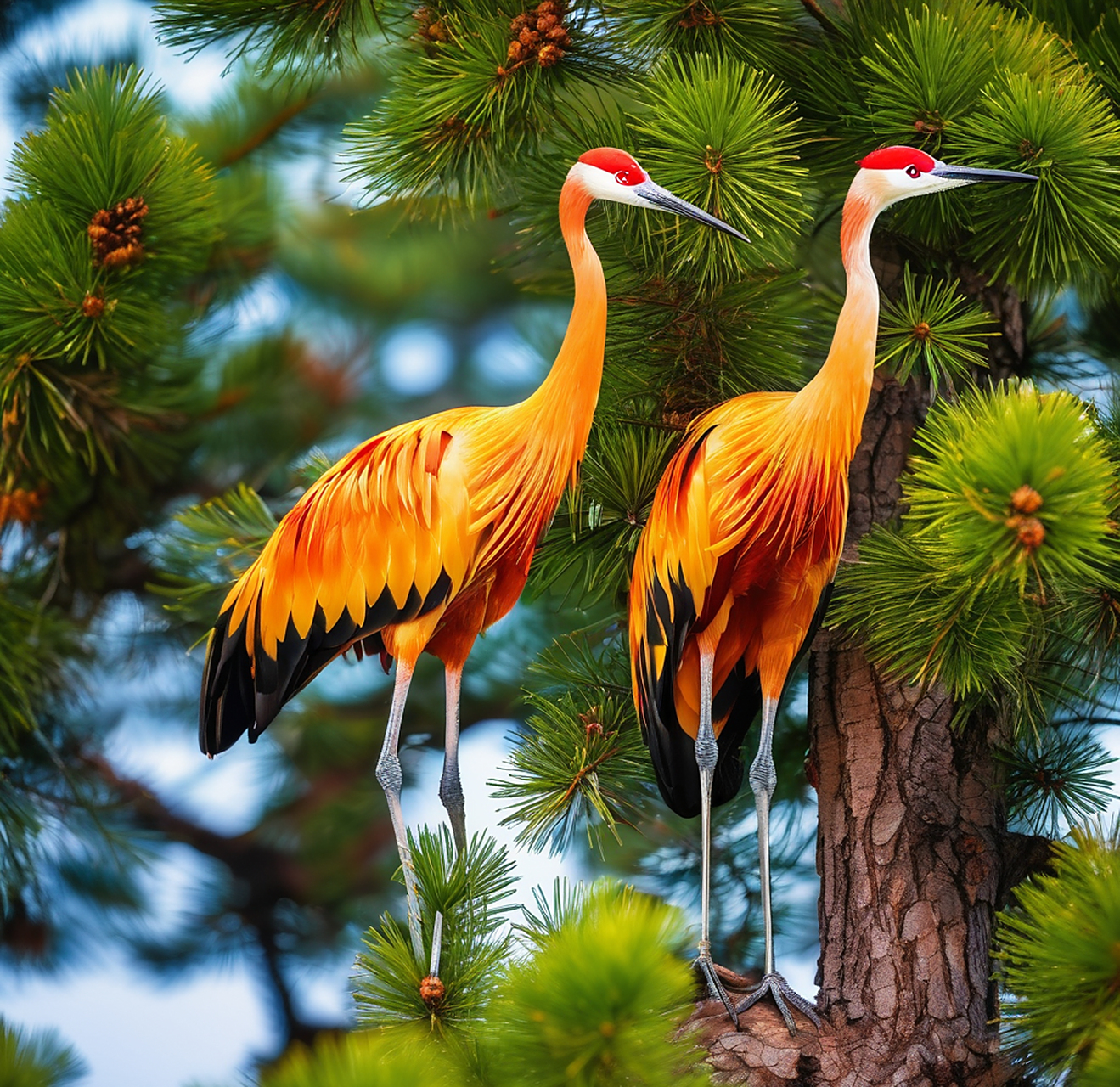 在寒冷的冬季,松树为仙鹤提供了一个温暖的栖息之地,而仙鹤则用四那