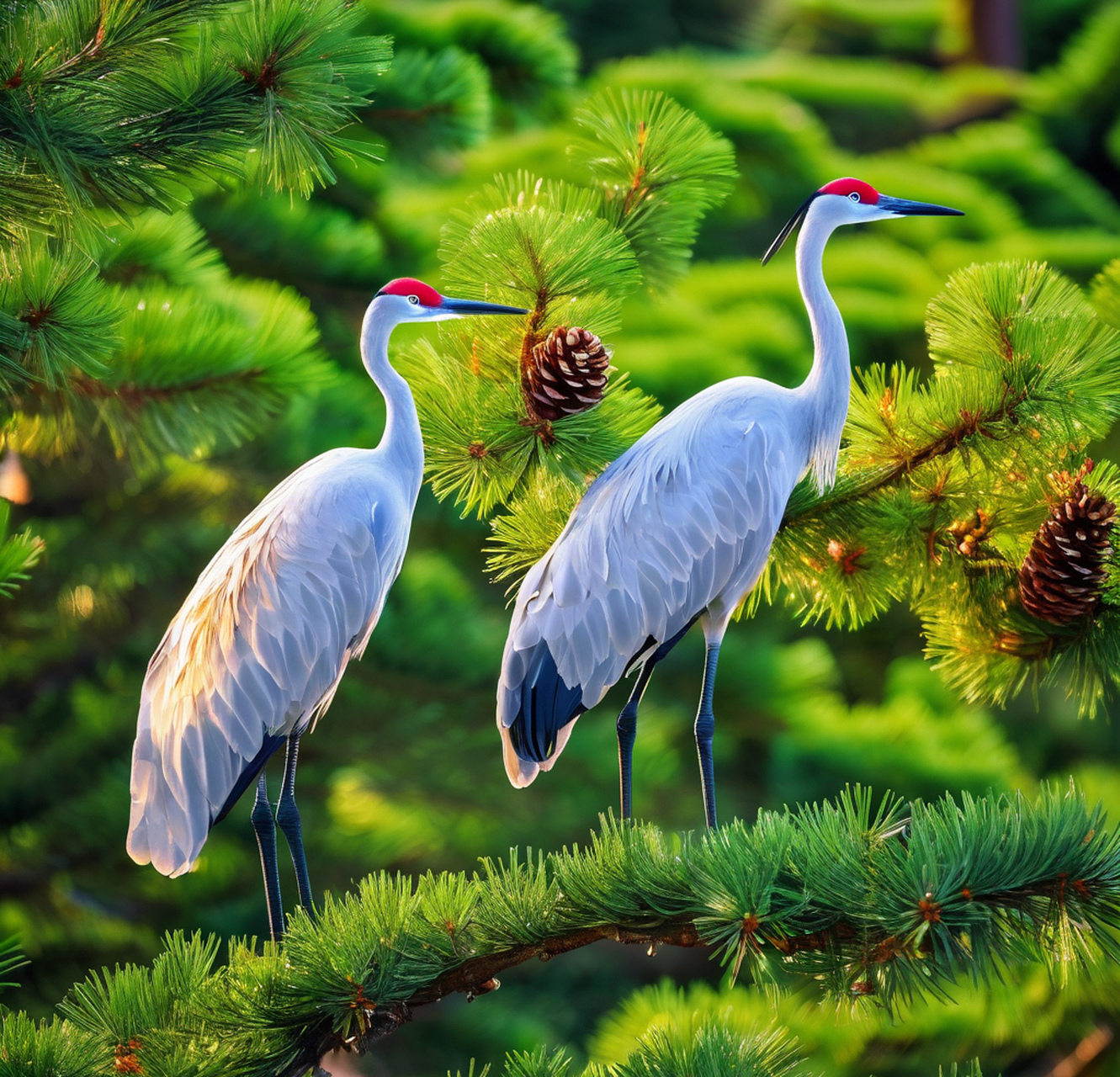 在寒冷的冬季,松树为仙鹤提供了一个温暖的栖息之地,而仙鹤则用四那