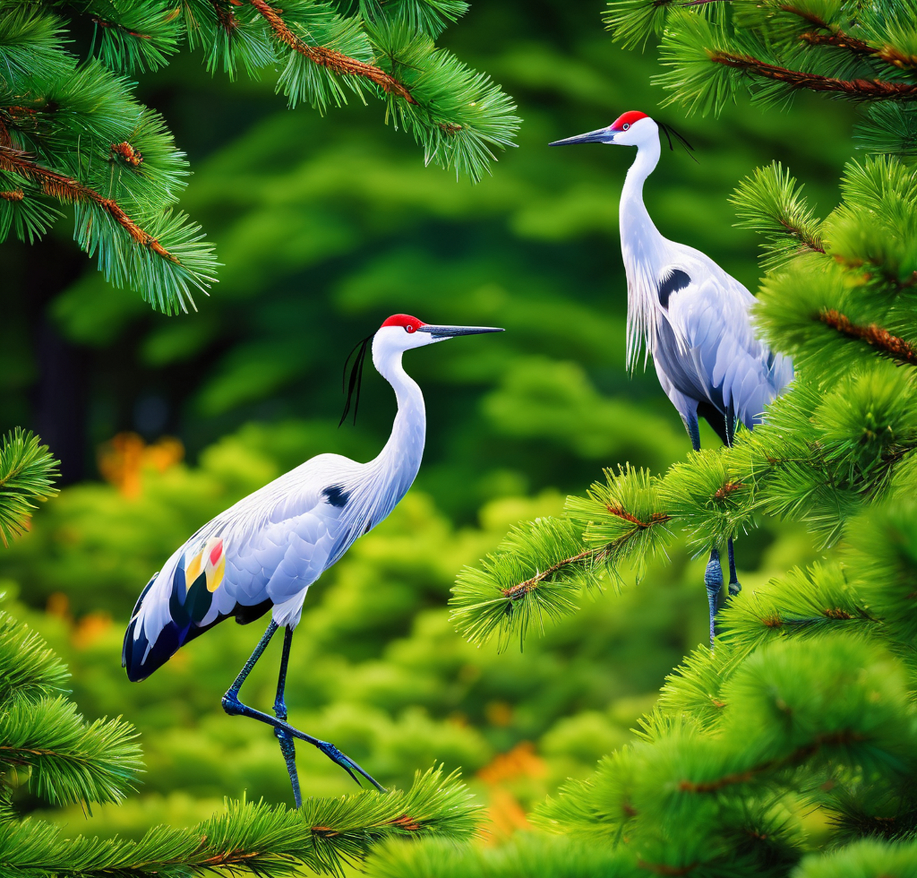 在寒冷的冬季,松树为仙鹤提供了一个温暖的栖息之地,而仙鹤则用四那