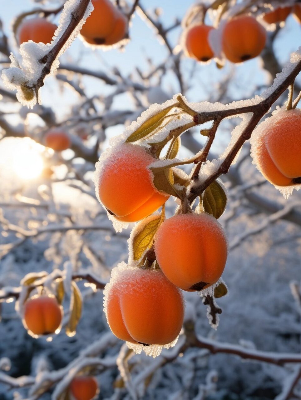 柿子雪景图  在冬季的清晨,柿子树静静地伫立在雪地中.