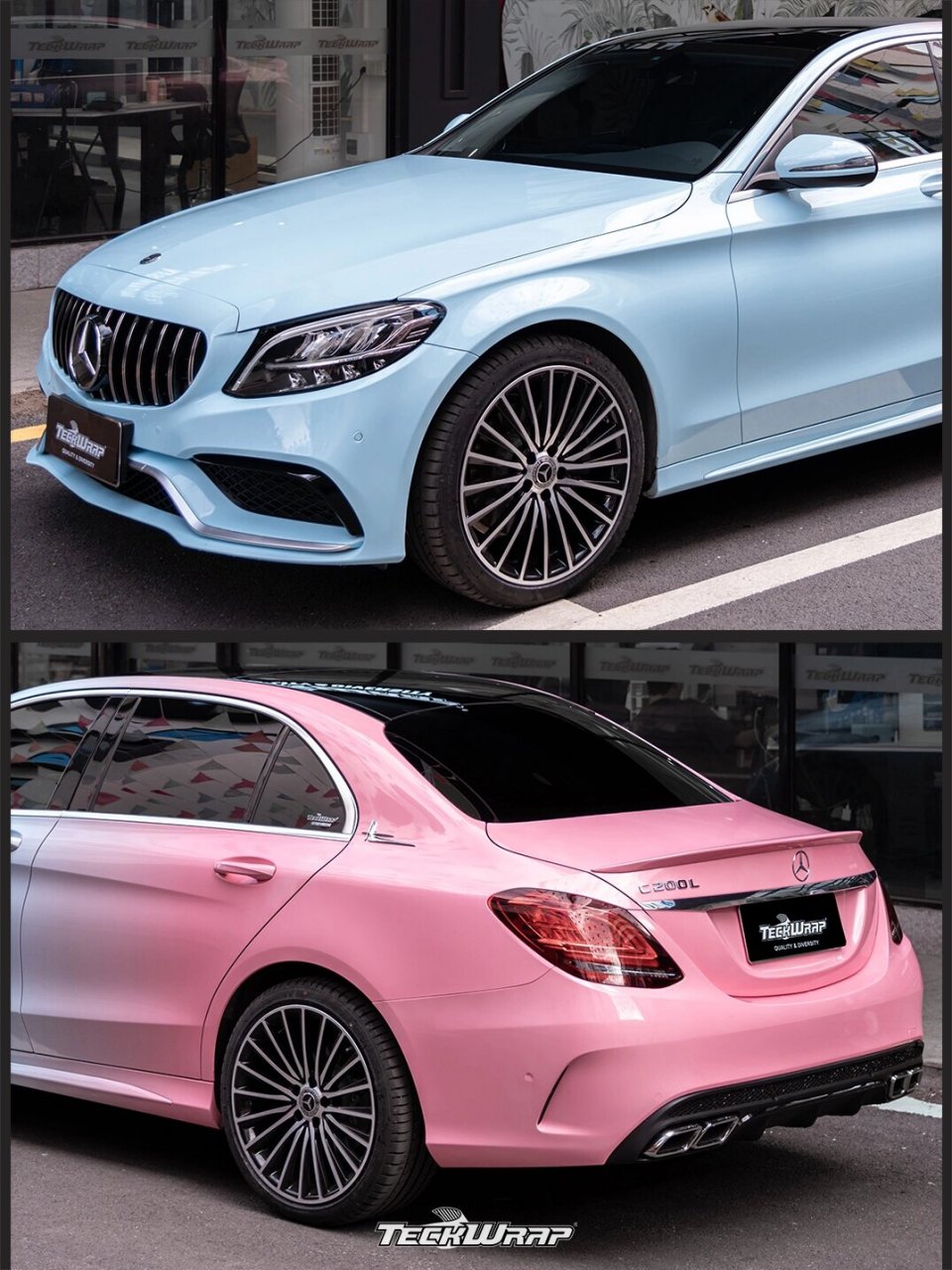 benz 奔驰c200l 粉蓝渐变色,奔驰改色膜  天呐!这个颜色也太温柔了吧!
