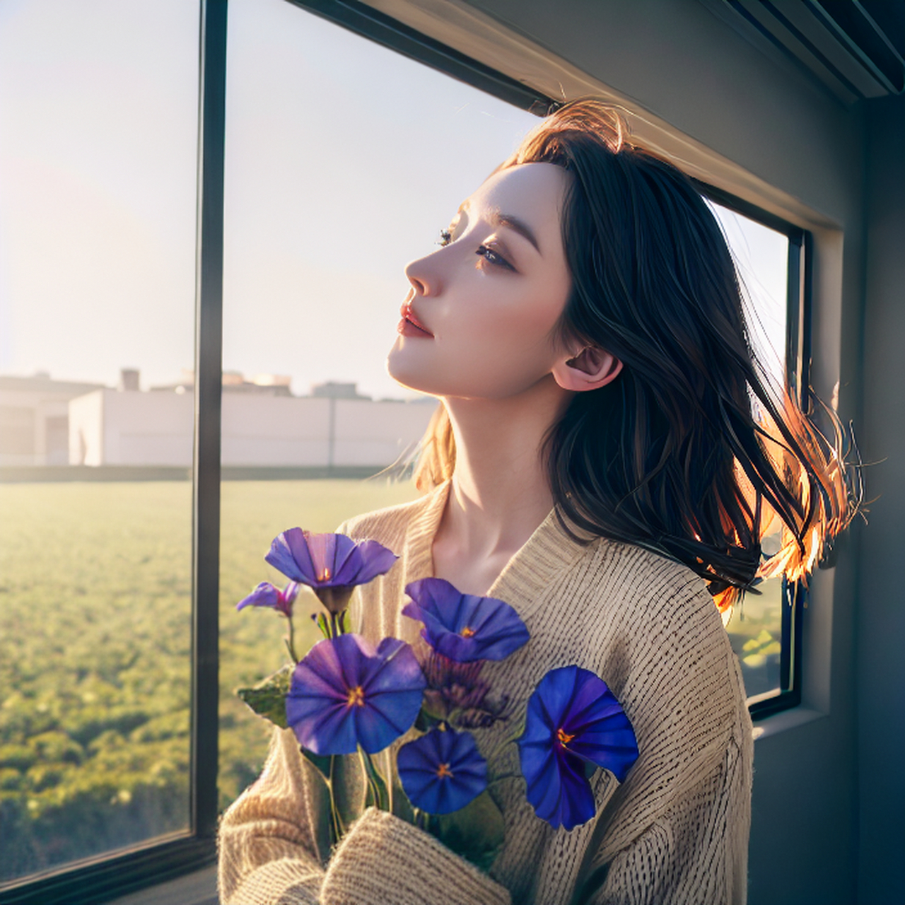 窗前一少女,眼神柔和,清晨的阳光洒在她的脸上,形成一个绝美的画面!