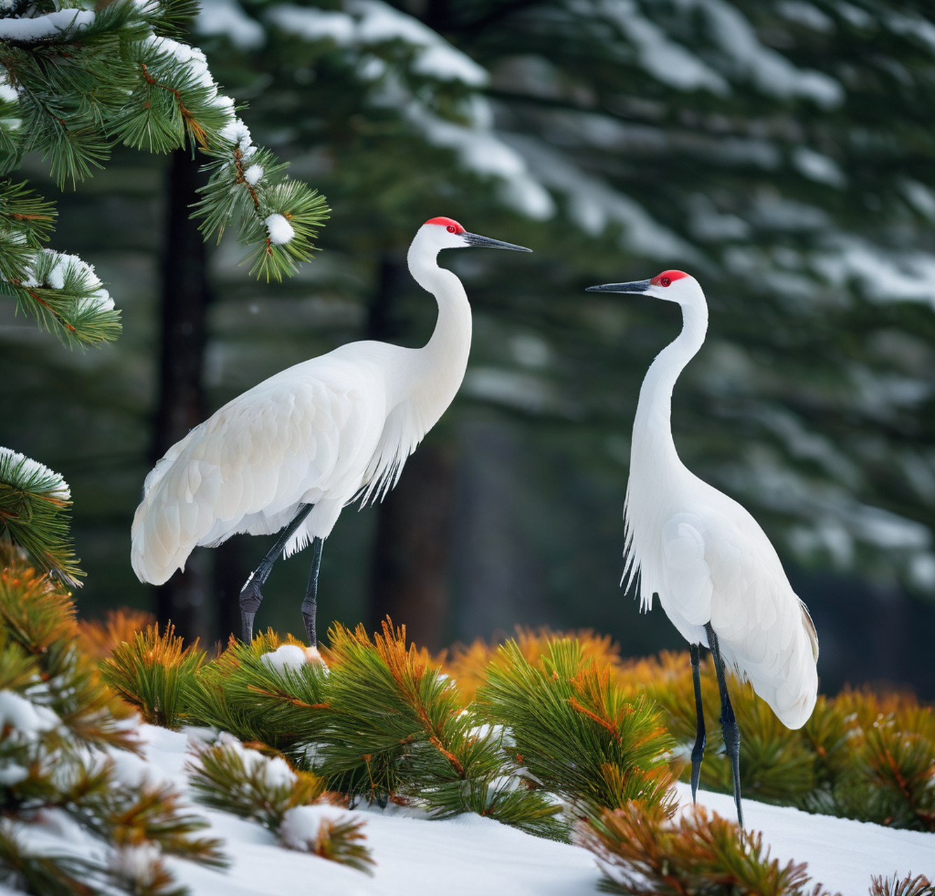 在这片寂静的雪域中,松树与白仙鹤共同演绎着冬日的传奇