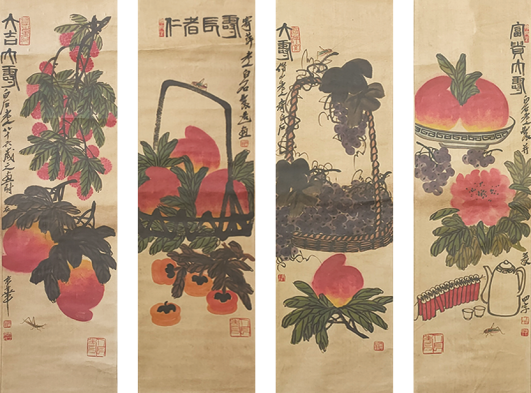 民国 齐白石款 富贵大寿四条屏