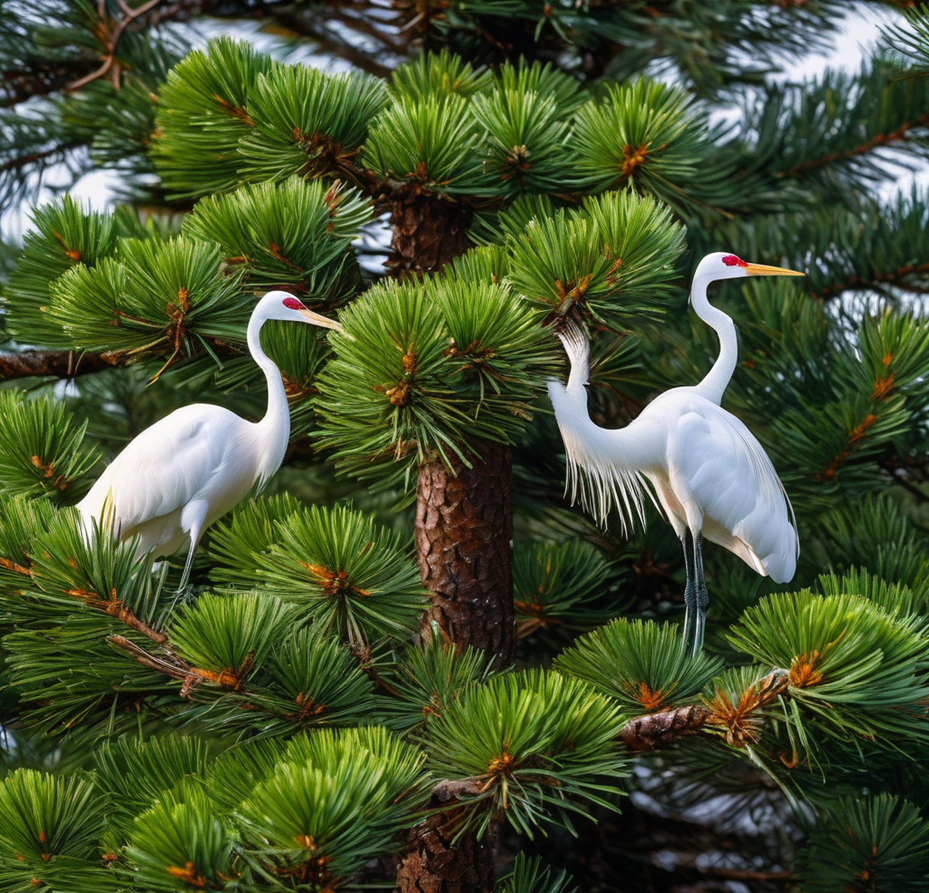 在这片寂静的雪域中,松树与白仙鹤共同演绎着冬日的传奇