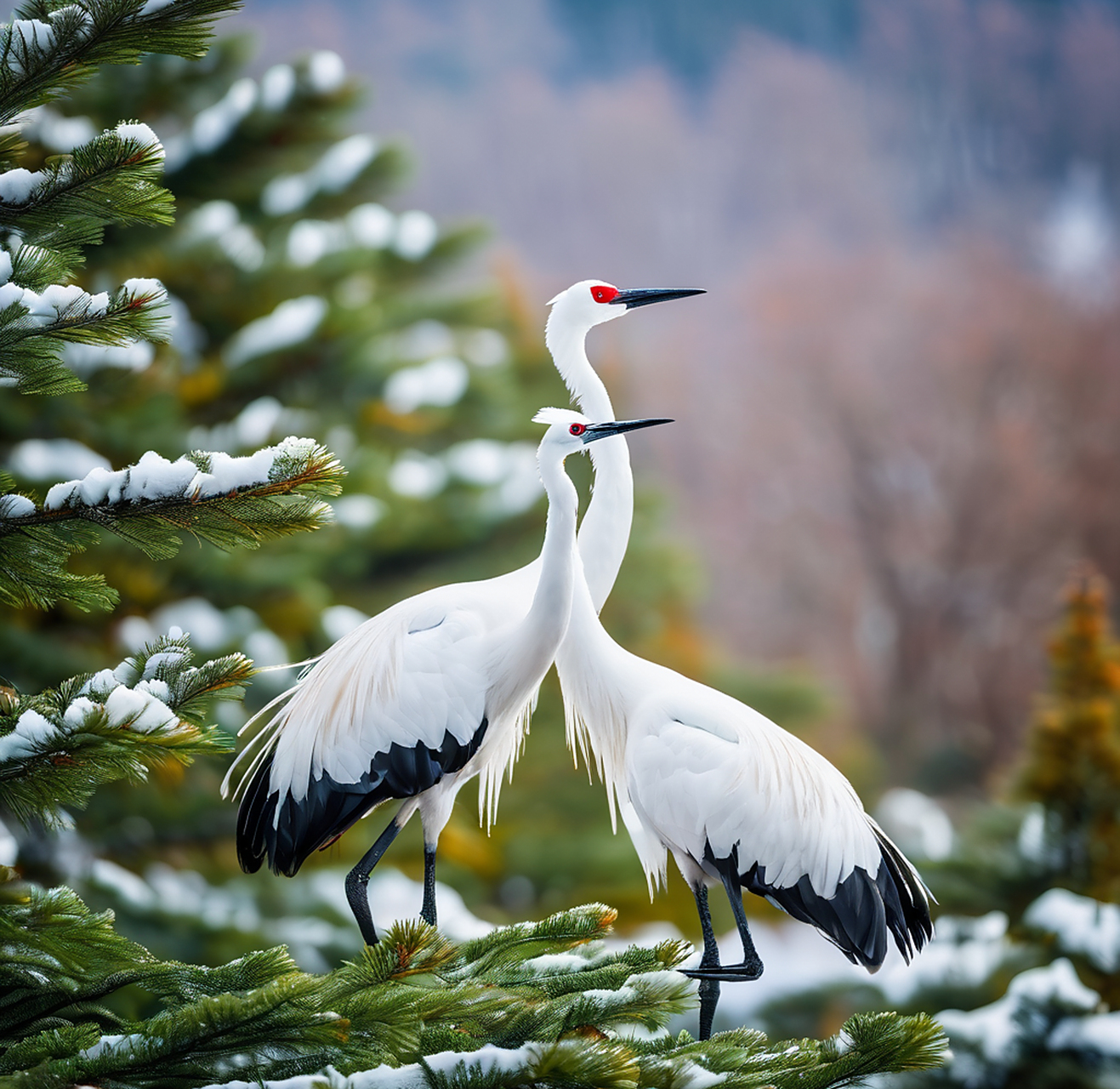 在这片寂静的雪域中,松树与白仙鹤共同演绎着冬日的传奇