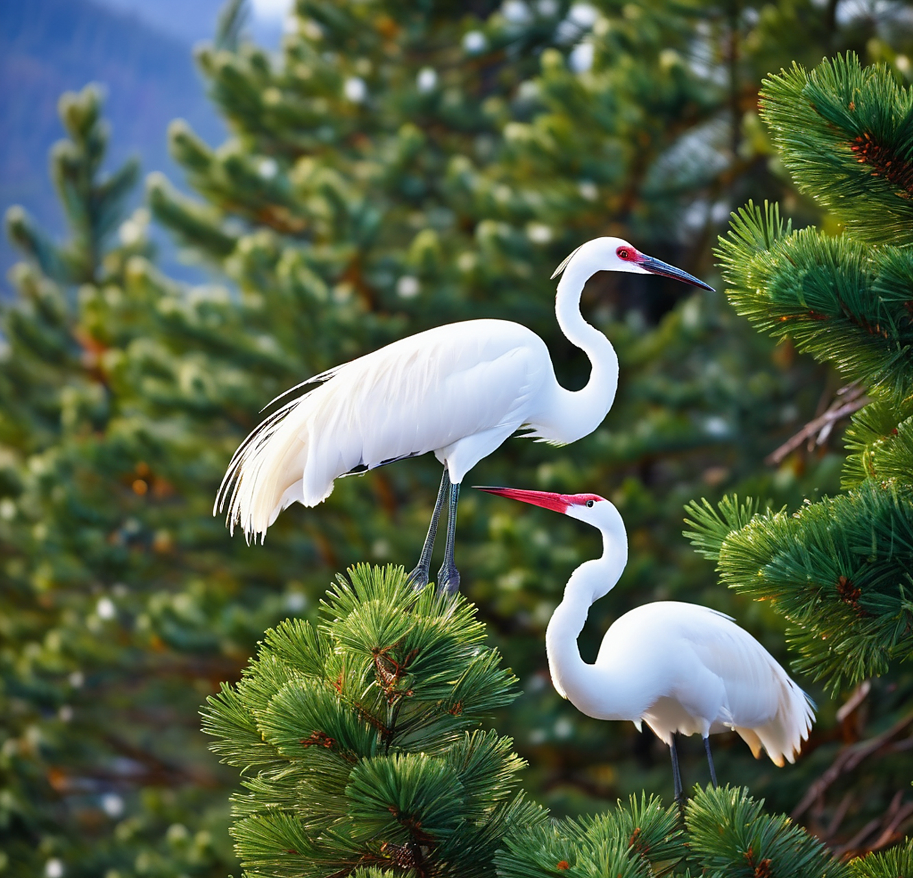 在这片寂静的雪域中,松树与白仙鹤共同演绎着冬日的传奇