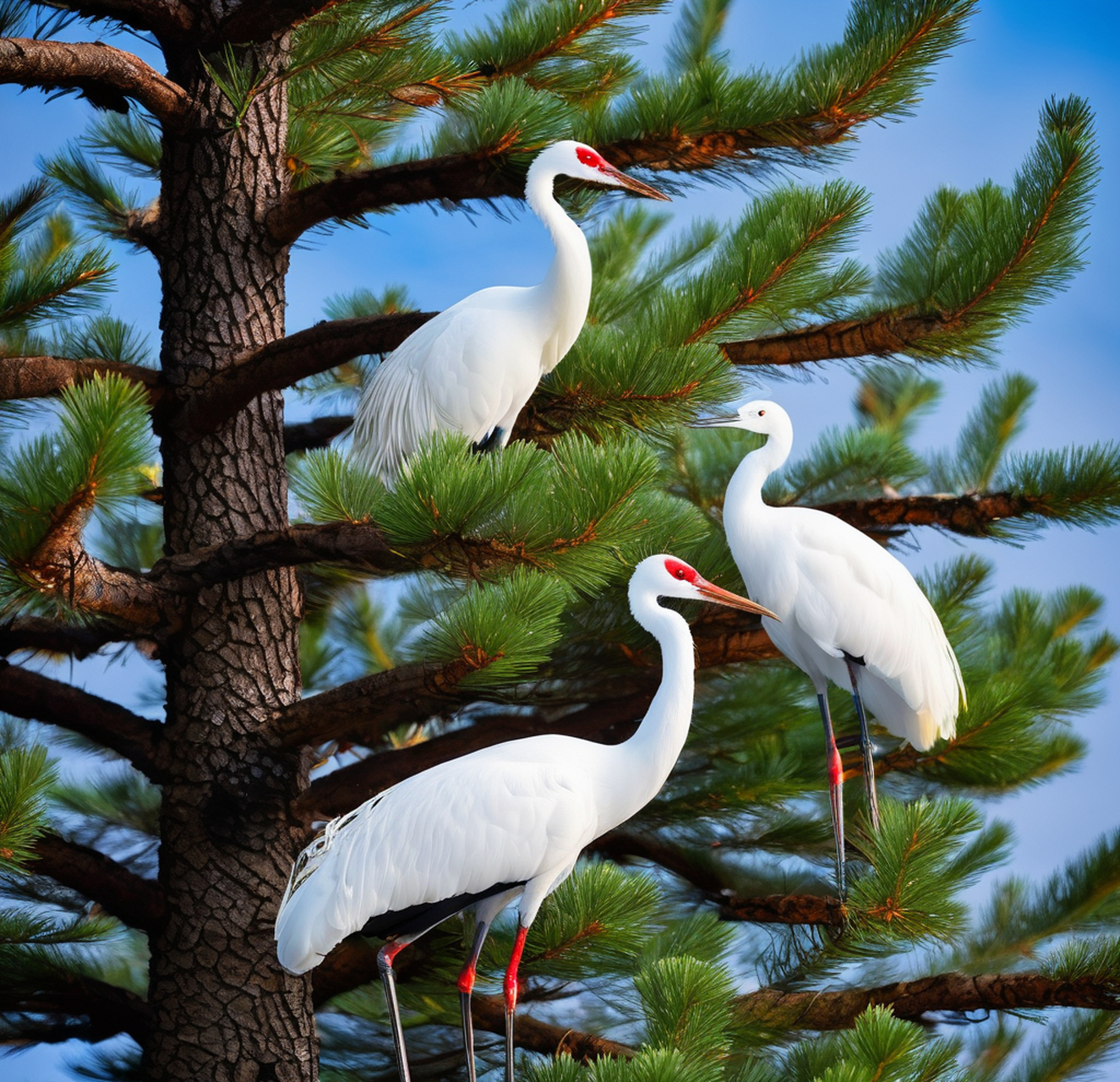 在这片寂静的雪域中,松树与白仙鹤共同演绎着冬日的传奇