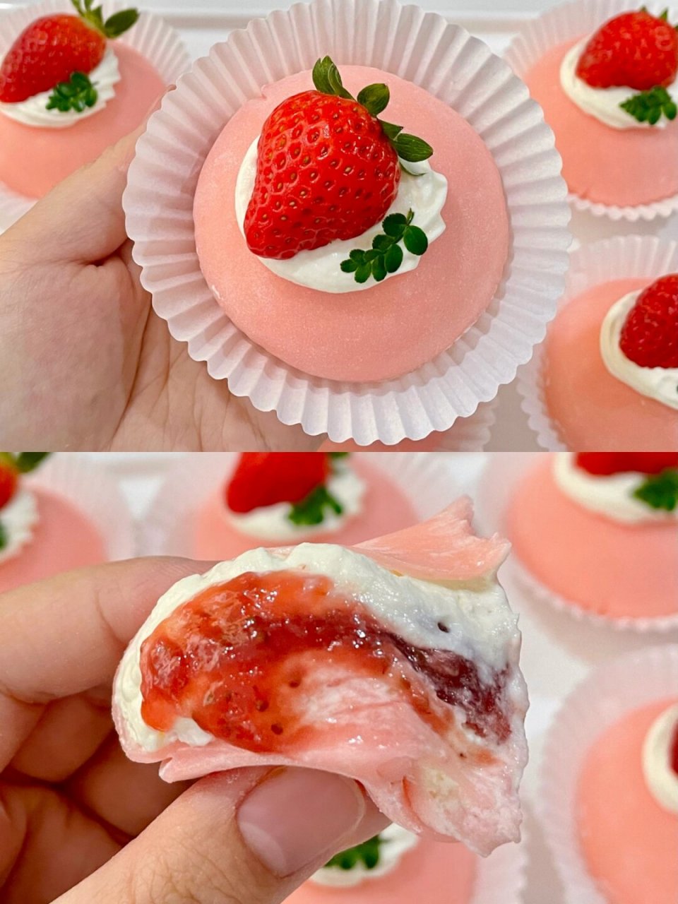 草莓雪媚娘 超爱这个配方 超可爱的草莓雪媚娘来啦～草莓味清新,奶油