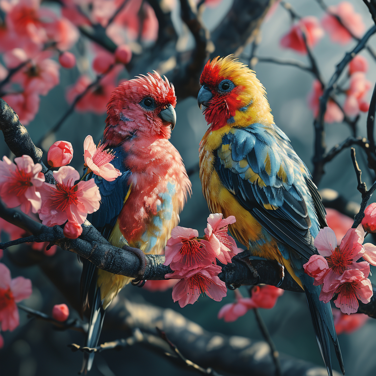 ai作图分享 prompt :一对色彩缤纷的爱情鸟栖息在一棵盛开的樱花树上