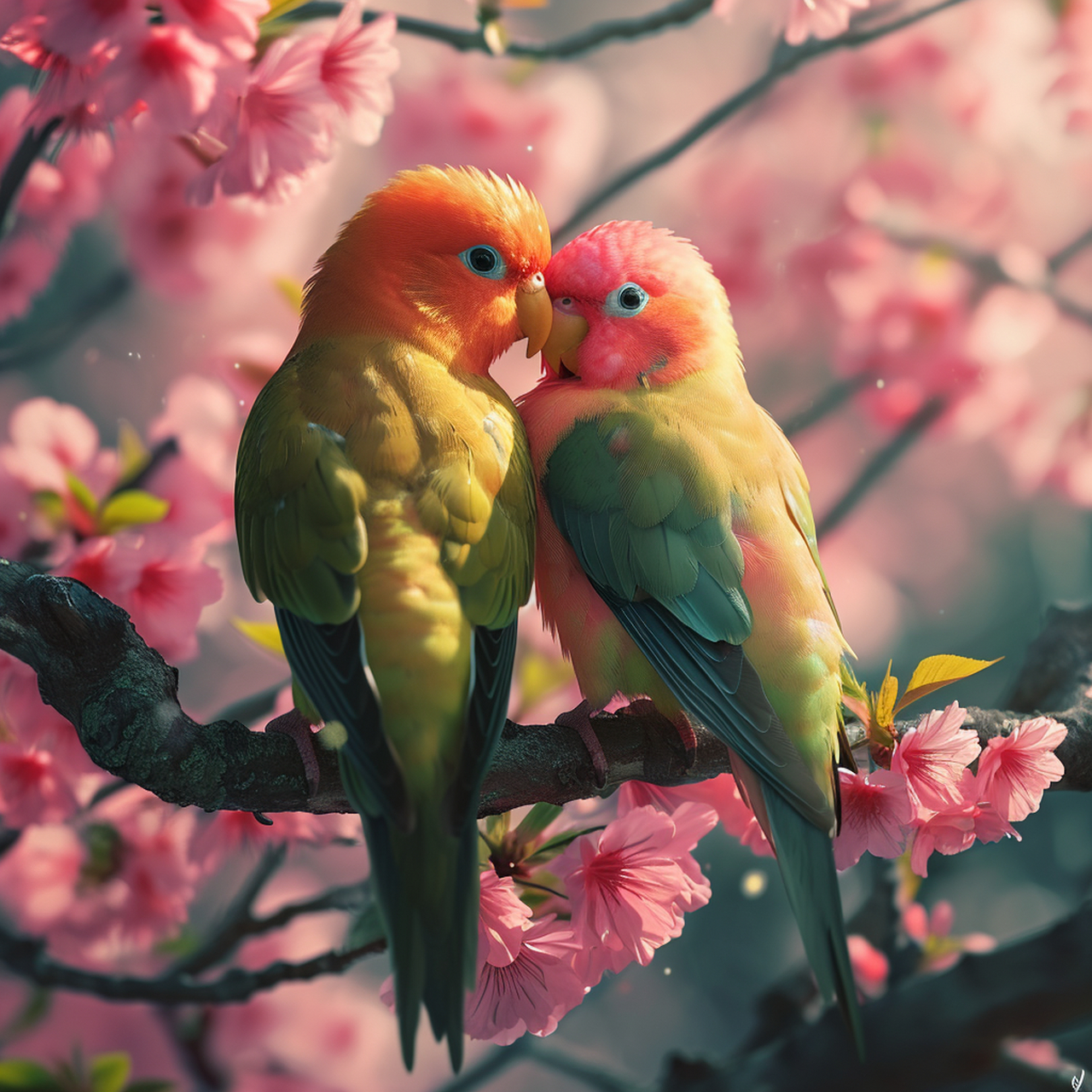 ai作图分享 prompt :一对色彩缤纷的爱情鸟栖息在一棵盛开的樱花树上
