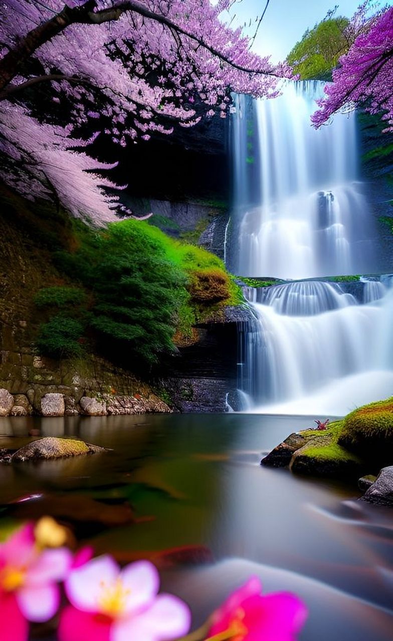 野花与溪流,瀑布