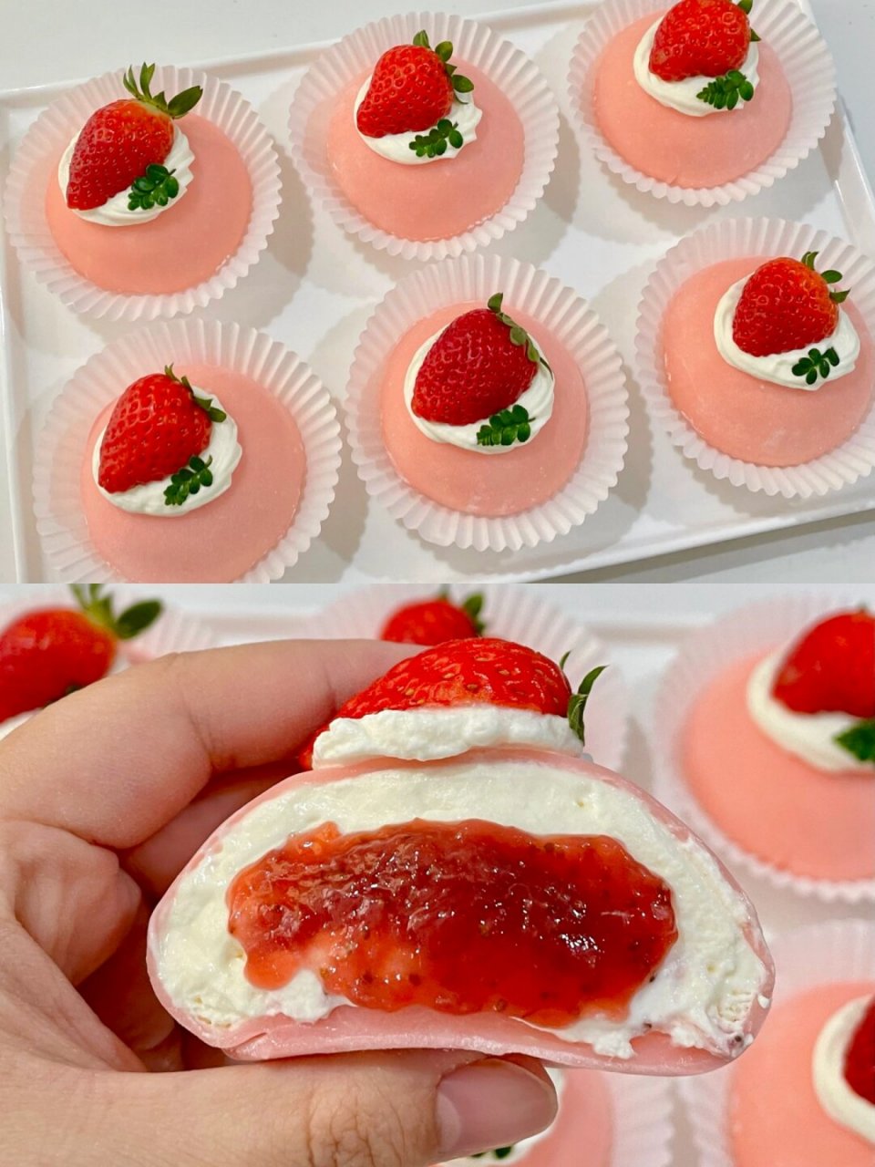 草莓雪媚娘 超爱这个配方 超可爱的草莓雪媚娘来啦～草莓味清新,奶油