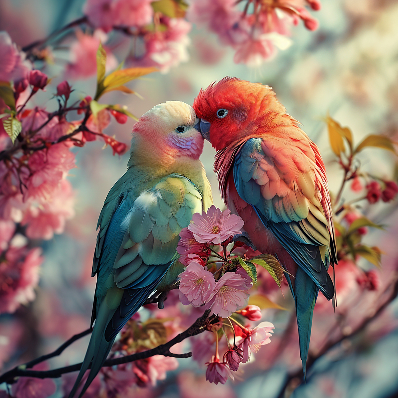 ai作图分享 prompt :一对色彩缤纷的爱情鸟栖息在一棵盛开的樱花树上