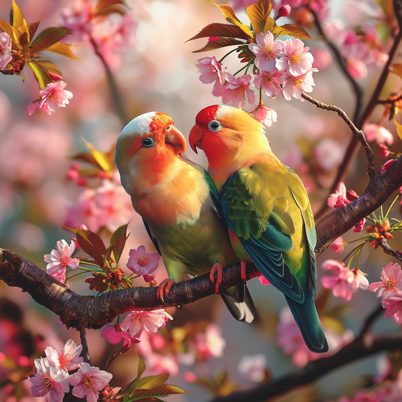 ai作图分享 prompt :一对色彩缤纷的爱情鸟栖息在一棵盛开的樱花树上