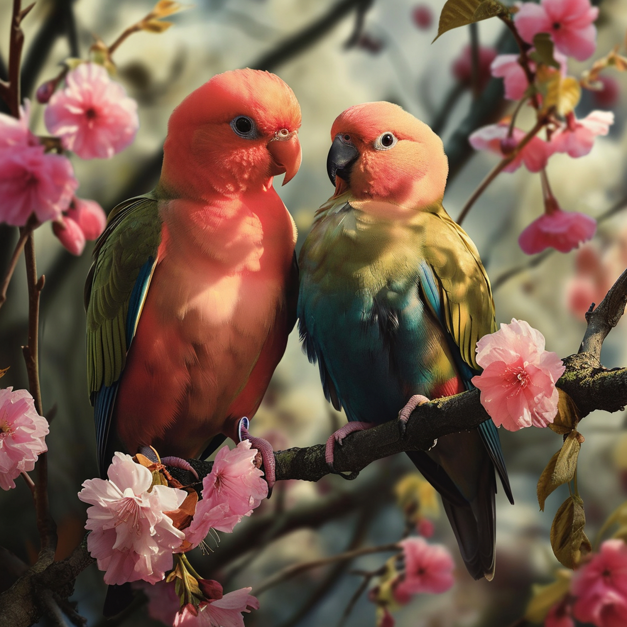 ai作图分享 prompt :一对色彩缤纷的爱情鸟栖息在一棵盛开的樱花树上