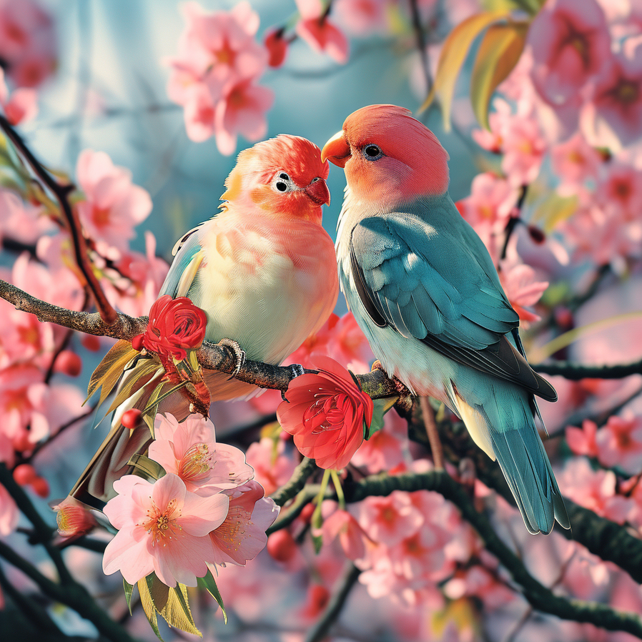ai作图分享 prompt :一对色彩缤纷的爱情鸟栖息在一棵盛开的樱花树上