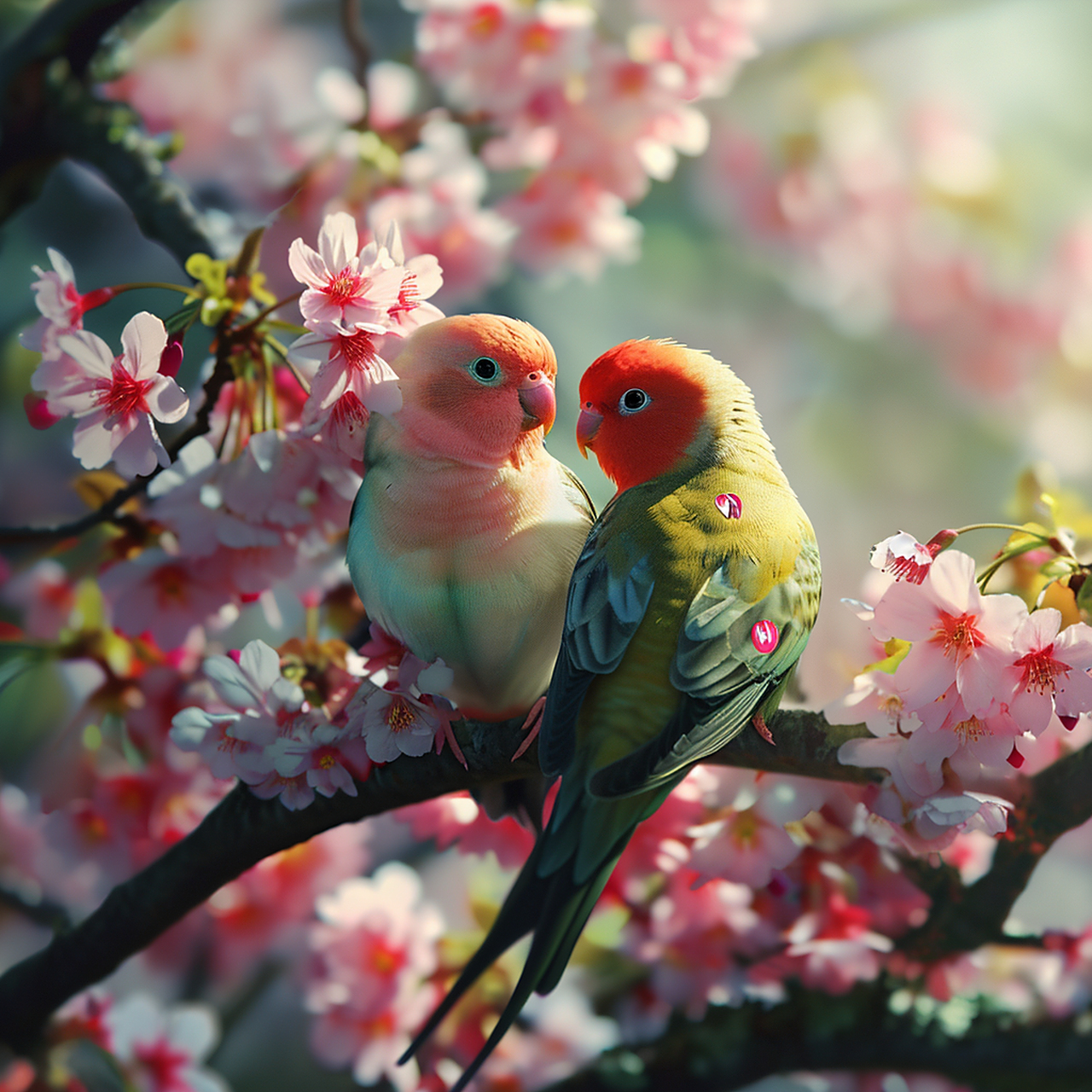 ai作图分享 prompt :一对色彩缤纷的爱情鸟栖息在一棵盛开的樱花树上